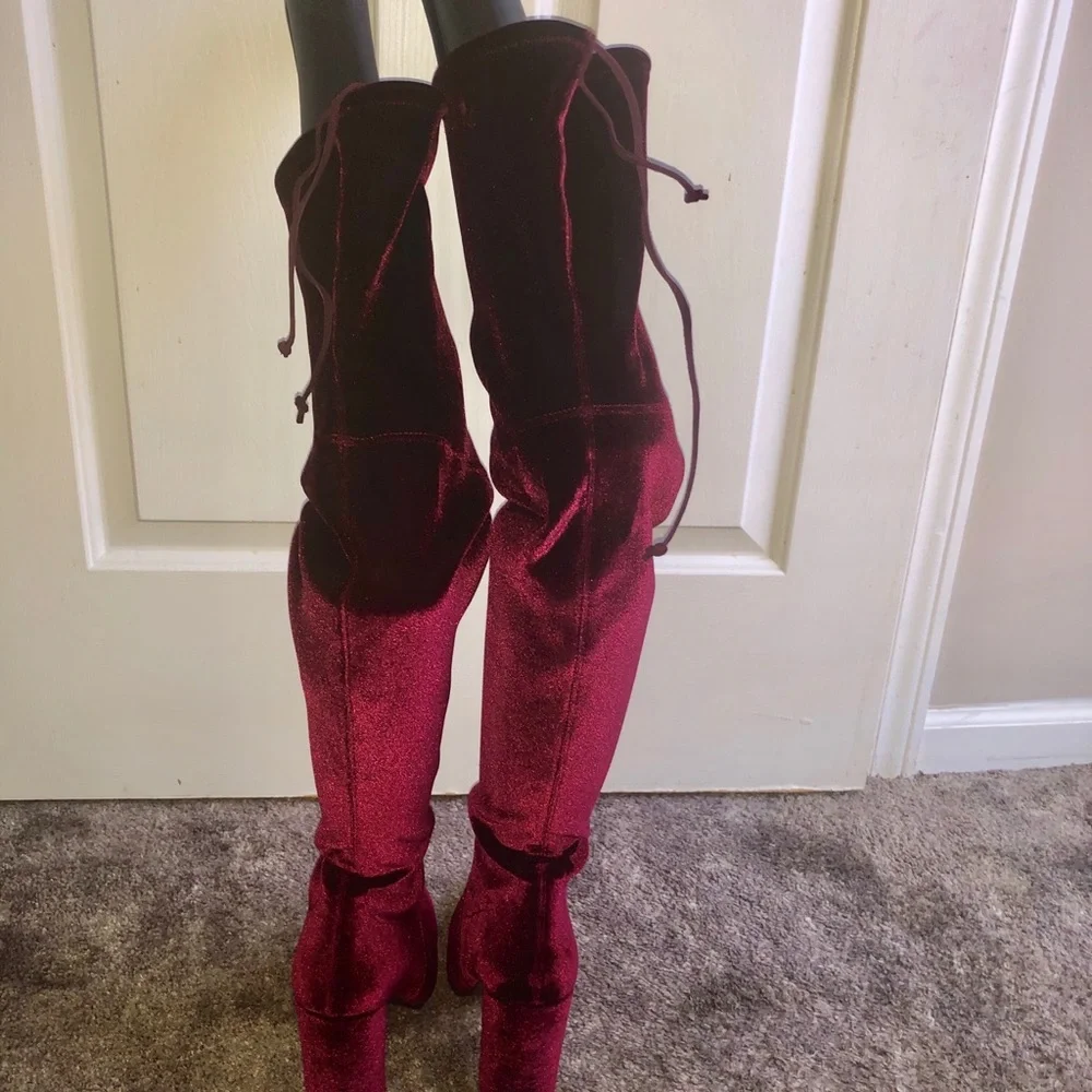 Stuart Weitzman Over-the-Knee Velvet Boots in Burgundy